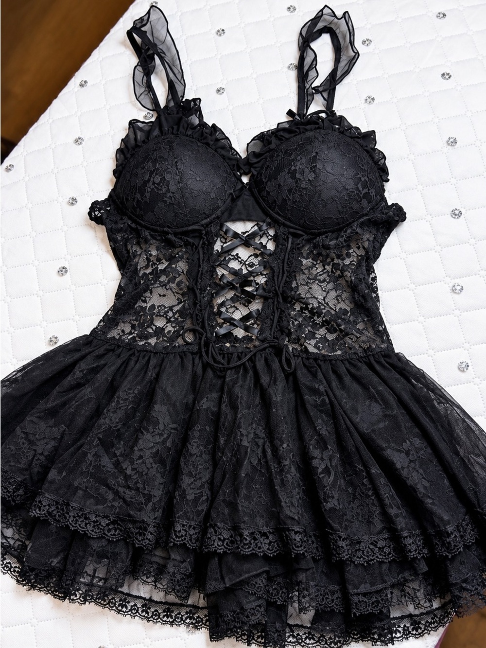 Sheer Black Lace Babydoll Chemise with Corset Front+ long socks